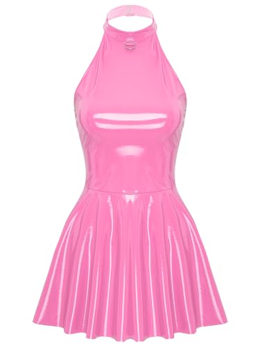 TTAO Damen Lederkleider Sexy Partykleid Brust Offen Minikleid Ärmellos Glanz Dessous Rave Gogo Sex Kleidung Rosa A S von TTAO