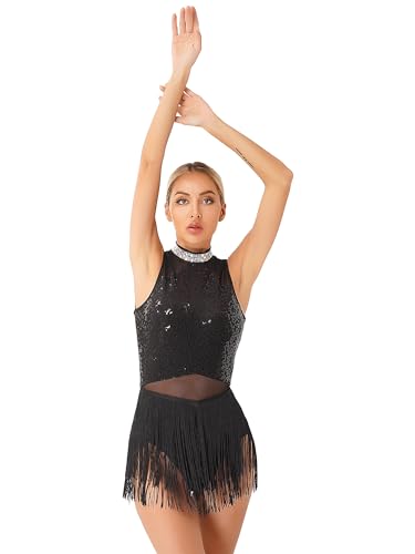 TTAO Damen Pailletten Tanz-Body Ballettbody Ärmellos Glitzer Gymnastikbody Ballett Trikot Leotard Latein Overalls Turnanzug Ballettanzug Schwarz A S von TTAO