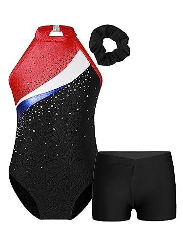 TTAO Gymnastikanzug Kinder Mädchen Ärmellos Turnanzug Trikotanzug Tanz Gymnastik Training Dancewear Gymnastikbody mit Haarband und Shorts A Schwarz&Rot 134-140 von TTAO