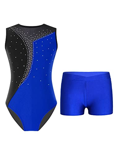 TTAO Kinder Mädchen Ärmellos Gymnastikanzug mit Strassstein Training Leotard mit Shorts Turn Set Gymnastik Training Dancewear Gymnastikbody Königsblau 146-152 von TTAO