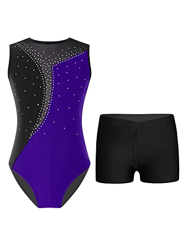 TTAO Kinder Mädchen Ärmellos Gymnastikanzug mit Strassstein Training Leotard mit Shorts Turn Set Gymnastik Training Dancewear Gymnastikbody Lila & Schwarz 134-140 von TTAO