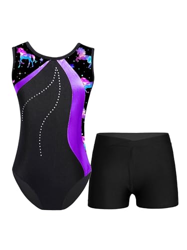 TTAO Gymnastikanzug Kinder Mädchen Turnanzug Ärmellos Ballettanzug Tanz Gymnastikbody mit Shorts Training Wettkampf Tanzkostüm Violett 110-116 von TTAO