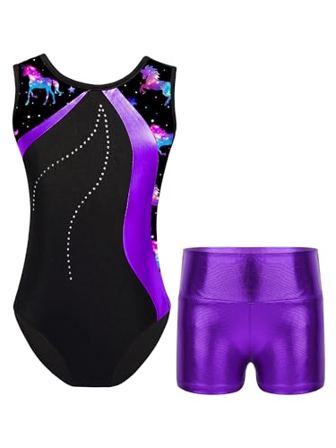 TTAO Gymnastikanzug für Mädchen Ärmellos Turnanzug mit glänzenden Shorts set Trikotanzug Tanz Gymnastik Training Trikot Anzug Ballttkleidung Violett 110-116 von TTAO