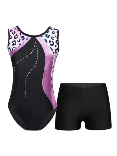 TTAO Gymnastikanzug Kinder Mädchen Turnanzug Ärmellos Ballettanzug Tanz Gymnastikbody mit Shorts Training Wettkampf Tanzkostüm Rosa Leopard 110-116 von TTAO