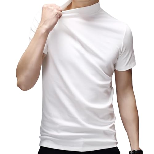 TTAO Herren Kurzarm Shirt Rollkragen Bluse Basic Einfarbig Unterhemd Slim Fit T-Shirt Modisches Sommer Oberteil Streetwear Weiß XL von TTAO