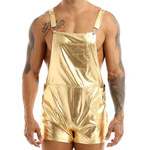 TTAO Herren Latzhose Metallic Overall Wetlook Hotpants Kurz Hose Hosenträger Shorts Clubwear Party Disco Festival Kleidung Gold L von TTAO