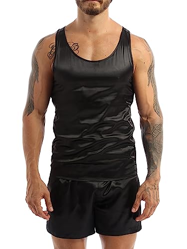 TTAO Herren Satin Unterhemd Set Kurz Sommer Pyjama Schlafanzug Zweiteiler Nachtwäsche Ärmellos Tank Top + Kurz Hose Sleepwear Schwarz XL von TTAO