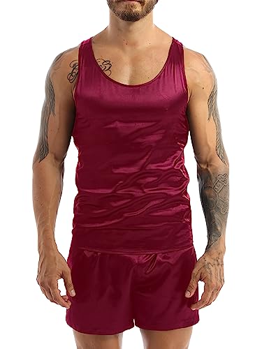 TTAO Herren Satin Unterhemd Set Kurz Sommer Pyjama Schlafanzug Zweiteiler Nachtwäsche Ärmellos Tank Top + Kurz Hose Sleepwear Burgundy XL von TTAO