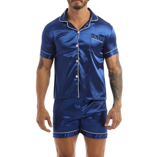 TTAO Herren Kurz Pyjama Set Kurz Sommer Satin Nachtwäsche Schlafanzug Zweiteiler Nachtwäsche Kurze Ärmel Shirt + Shorts Sleepwear Königsblau M von TTAO