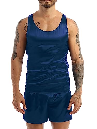 TTAO Herren Satin Unterhemd Set Kurz Sommer Pyjama Schlafanzug Zweiteiler Nachtwäsche Ärmellos Tank Top + Kurz Hose Sleepwear Navy blau L von TTAO