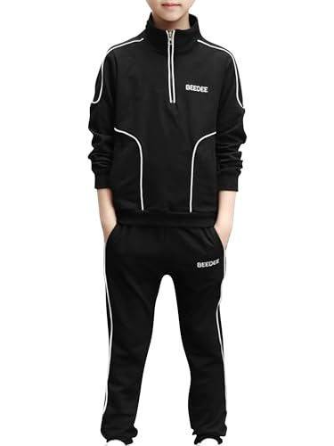 TTAO Jungen Casual Sportanzug Trainingsanzug Sportanzug Hose Jacke Set Herbst Freizeitanzug 2-Teiliges Set aus Hoodie und Hose Gr.110- Gr.164 Schwarz A 152-158 von TTAO