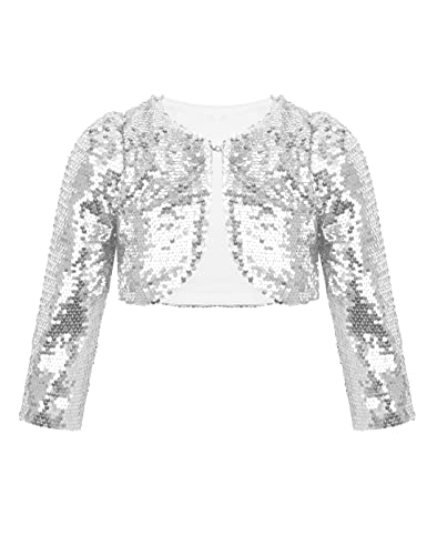 TTAO Kinder Mädchen Pailletten Bolero Langarm/Kurzarm Strickjacken Glitzer Kurze Jacke CardiganTanz Top Oberteil Party Karneval Tanzkostüm Silber 128-134 von TTAO