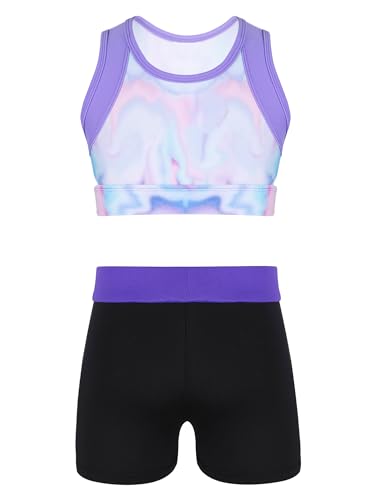 TTAO Kinder Mädchen Sportanzug Zweitieler Trainingsanzug Gymnastikanzug Sportkleidung Ärmellos Crop Top + Sport Short Bunt & Lila 128 von TTAO