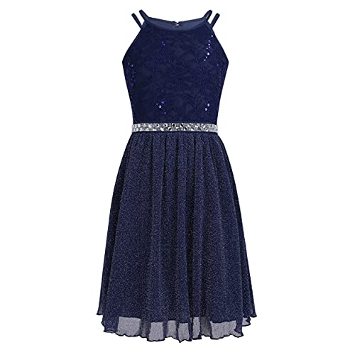 TTAO Mädchen Festlich Hochzeit Kleider Glänzend Partykleid Sommer Abendkleider Cocktailkleider Abschlussball Festzug Geburtstag Outfits Navy Blau 128 von TTAO