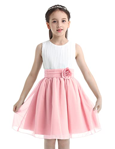 TTAO Mädchen Sommer Chiffon Kleid Festlich Blumenmädchen Brautjungfern Hochzeits Kleider mit Faltenrock Abendkleider Ballkleider Weiß&Pink 116 von TTAO