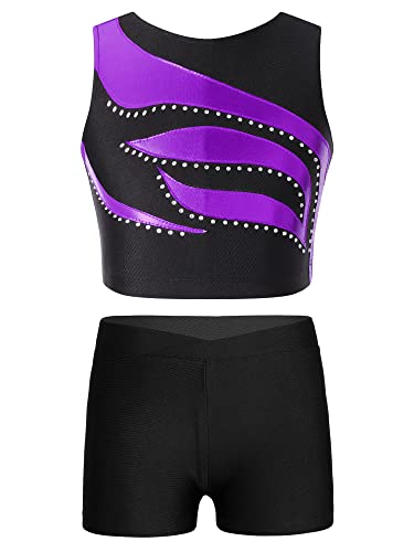 TTAO Mädchen Sportanzug Turnanzug Kinder Glänzende Zweiteilige Crop Top Shorts Kurze Hosen Set Jogginganzug Sport Outfit für Ballett Gymnastik Workout Violett 146-152 von TTAO