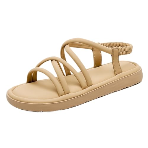 TTOUDRY Echtleder-Sandalen Für Damen Im Sommer, Khaki, Schwarz Und Weiß, Kreuzschnürung, Elastische Riemen, Römische Sandalen Mit Weicher Sohle von TTOUDRY