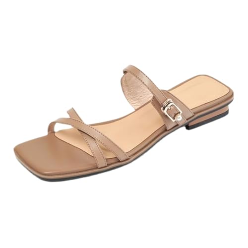 TTOUDRY Einfache, Vielseitige Sandalen Für Damen, Sommermode, Quadratische Zehen, Halbe Schleppe, Flache Sandalen Für Oberbekleidung von TTOUDRY