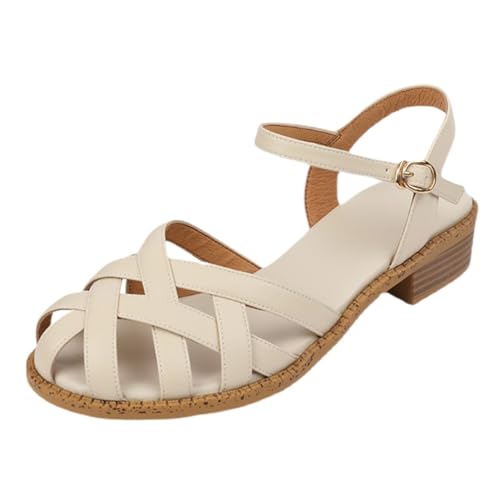 TTOUDRY Retro Hollow Baotou Sandalen Damen Dicker Absatz Lässige Weiße Rückseite Hohle Oberbekleidung Halbe Hausschuhe Low Heel Sandalen von TTOUDRY