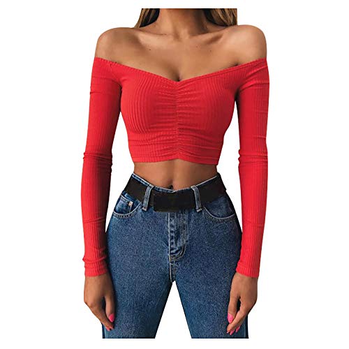 Frauen Schulterfrei Langarm-Shirt Top,Damen Party Oberteil Bustier Schulterfrei Bauchfrei Crop Tops Blumenshirts von TUDUZ