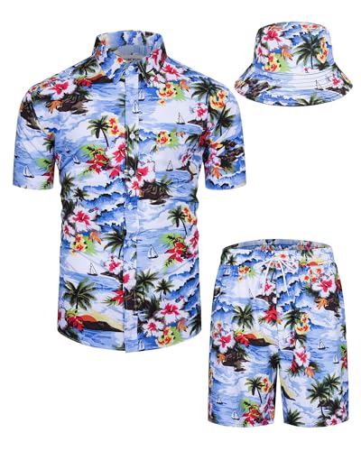 TUNEVUSE Herren Hawaiian Hemden und Shorts Set 2-Stücke Tropische Outfits Gedruckt Button Down Beach Shirt Anzug mit Eimer Hüte Blau X-Large von TUNEVUSE
