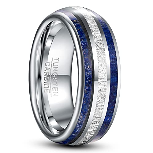 TUNGSTORY 8mm Herren Silber Wolfram Ehering Eingelegt mit Imitation Meteorite und Blue Lapis Lazuli Komfort Fit Größe 70(22.3) von TUNGSTORY