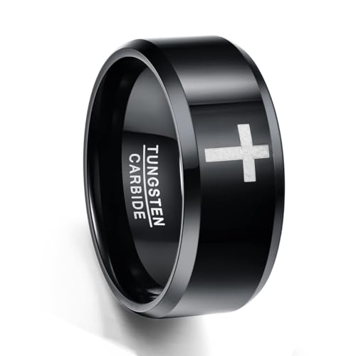 TUNGSTORY Wolfram Ring Herren 10mm Schwarz Kreuz Ring Christlicher Schmuck Größe 57(18.1) von TUNGSTORY