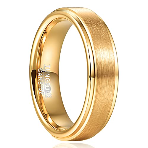 TUNGSTORY 6mm Wolfram Ring Herren Damen Gold Eheringe Verlobungsring mit Stufenkanten Verlobungs Gebürstetem Finish Größe 52(16.6) von TUNGSTORY