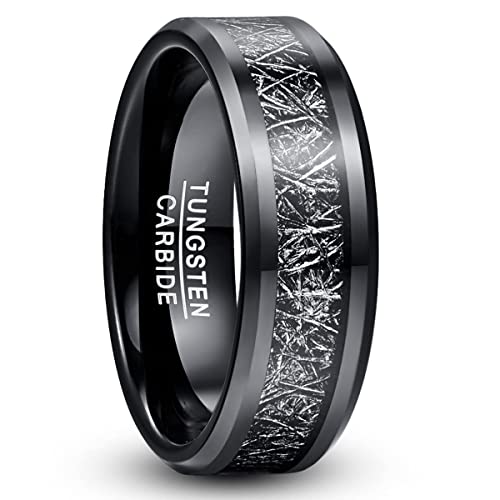 TUNGSTORY Wolfram Ring Herren 8mm Schwarz Ring mit Meteoriten Männer Ehering Größe 60(19.1) von TUNGSTORY