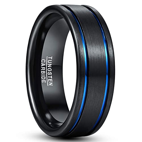 TUNGSTORY 8mm Verlobungsring für Männer Schwarzer Wolframcarbid Ring mit Blau Plattierten Rillen Gebürstetes Finish Komfort Fit Größe 65(20.7) von TUNGSTORY