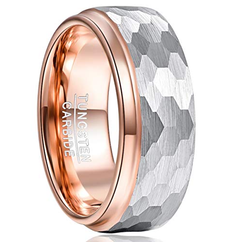 TUNGSTORY Herren Wolframring Ehering Roségold 8mm Seitenschritte Überzug Damen Mädchen Paare Ring mit Gehämmertem Design Freundschaftsring Größe 67.2(21.4) von TUNGSTORY