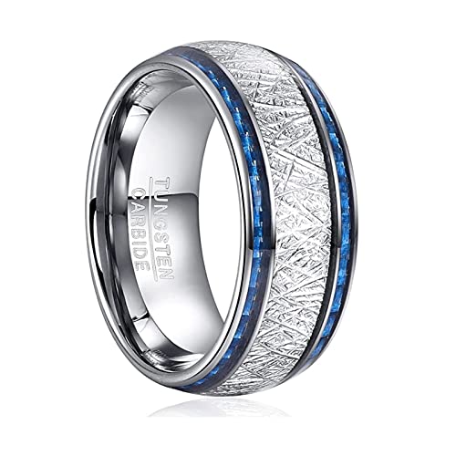 TUNGSTORY Imitation Meteorite Wolfram Ring 10mm Herren Hochzeit Ring mit Blau Kohlefaser Inlay Verlobungsring Poliert Modeschmuck Komfort Fit Größe 65(20.7) von TUNGSTORY