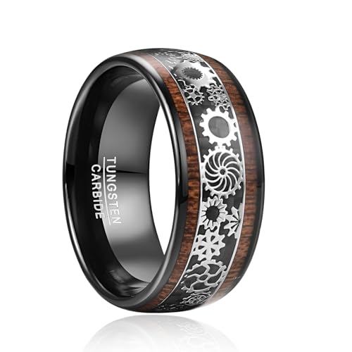 TUNGSTORY Wolfram Ring Herren 10mm Schwarz Steampunk Zahnräder Ring mit Holz Männer Ehering Größe 67.2(21.4) von TUNGSTORY