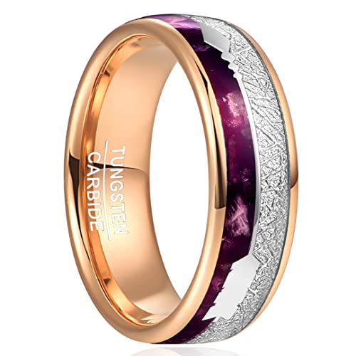 TUNGSTORY Wolfram Ring Roségold 8 mm Lila Achat Einlage, Nachgeahmter Meteoriten Ring Pfeil Ehering, Verlobungsringe, Gewölbt, Poliert, Größe 57(18.1) von TUNGSTORY