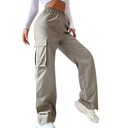 TUQIDEWU Cargohose Damen Baggy Einfarbig y2k Hosen Freizeithose mit Tasche Breites Bein Stilvoll Jeanshose Elastische Hose High Waist Jeans Damen Geschlossene Taille Boyfriend Jeans Damen Leinenhose von TUQIDEWU