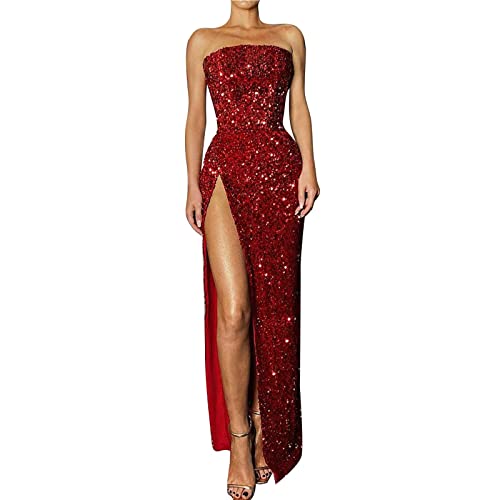 TUQIDEWU Damen Karneval Kostüm Abendkleider Elegant Damen Trägerloses Schlitz Sexy Pailletten Abendkleid Kleid Damen Vintage Cocktailkleid Partykleid Kleider Damen Festlich Kleid Winter Damen Elegant von TUQIDEWU