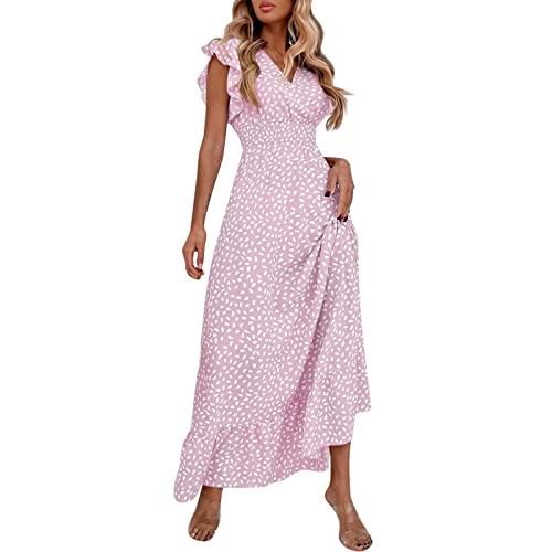 TUQIDEWU Sommer Kleid Damen Kurzarm Strandkleid Frauen V-Ausschnitt Kleid Sling Floral Lange Sexy Kleider Ärmelloses Böhmisches Strand Elegantes Kleid Langes Partykleid Blumenkleid Maxikleid von TUQIDEWU