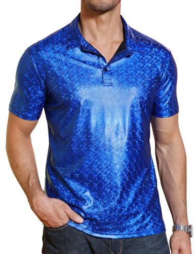 TURETRENDY Herren 70er Jahre Disco Shirts Glänzende Pailletten Kurzarm Party Polo Shirt Hipster Nachtclub Abschlussball Kostüm T-Shirt, Blau 2, 3X-Groß von TURETRENDY
