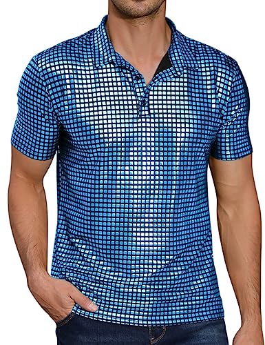 TURETRENDY Herren 70er Jahre Disco Shirts Glänzende Pailletten Kurzarm Party Polo Shirt Hipster Nachtclub Abschlussball Kostüm T-Shirt, Blau Schwarz, XX-Large von TURETRENDY