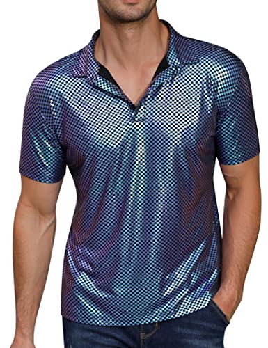 TURETRENDY Herren 70er Jahre Disco Shirts Glänzende Pailletten Kurzarm Party Poloshirt Hipster Nachtclub Abschlussball Kostüm T-Shirt, Blau-schwarz kariert, 3X-Groß von TURETRENDY