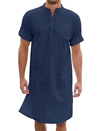 TURETRENDY Herren Kaftan Thobe Kurzarm Robe Kleid Casual Longline T Shirts für Strand, Marineblau, Large von TURETRENDY