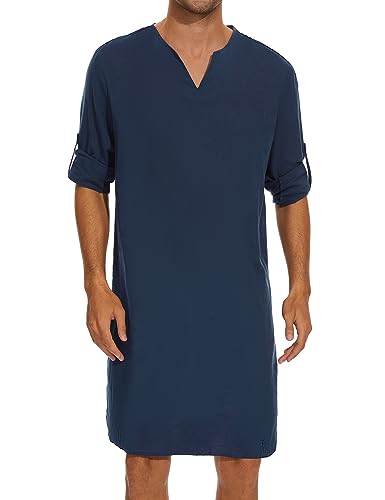 TURETRENDY Herren V-Ausschnitt Kaftan Robe Langarm Casual Thobe Side Split Kleid Shirt, Marineblau, Large von TURETRENDY