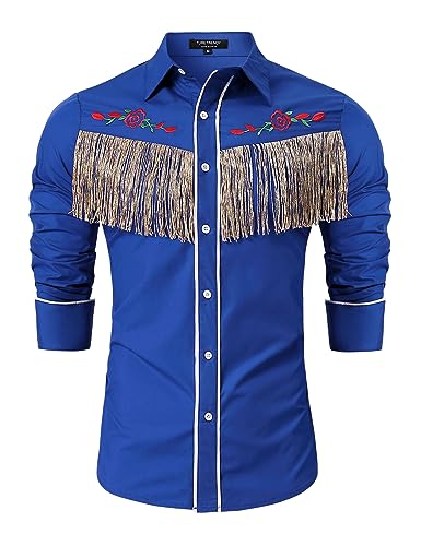 TURETRENDY Herren Western Cowboy Fransen Hemd Langarm Rose bestickt Slim Fit Button Down Hemd, Dunkelblau, XL von TURETRENDY