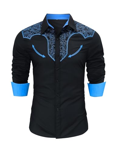 TURETRENDY Herren Western Cowboy Hemd Bestickt Langarm Slim Fit Casual Button Down Hippie Shirts, schwarz / blau, 3X-Groß von TURETRENDY