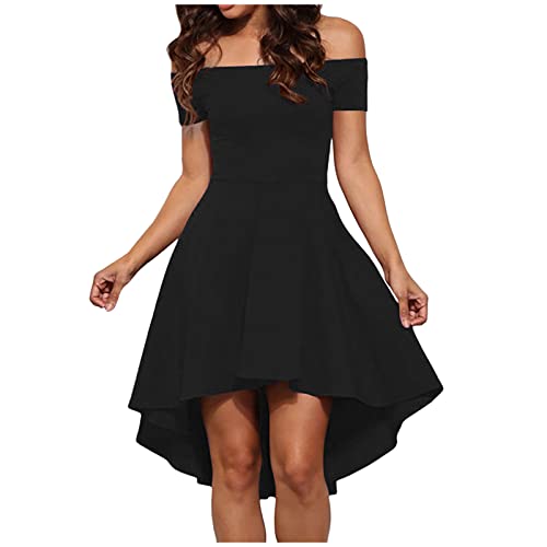 Adies Kleid für Damen, schulterfrei, einfarbig, bedruckt, kurzärmelig, lockere A-Linie, Minikleid, figurbetont, elegant, Abendkleid, Party, formelle Kleider, Cocktailkleider, 1 Schwarz, Medium von TURWXGSO