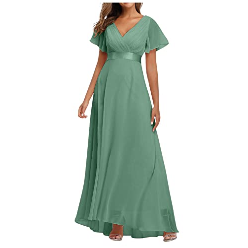 Hochzeitskleider für Damen, Sommer, Damen, Maxikleid, V-Ausschnitt, Chiffon, Brautjungfernkleider, Capsleeves, A-Linie, Swing-Kleid, solide Abendkleider, elegante Partykleider, 1. Minzgrün, Medium von TURWXGSO