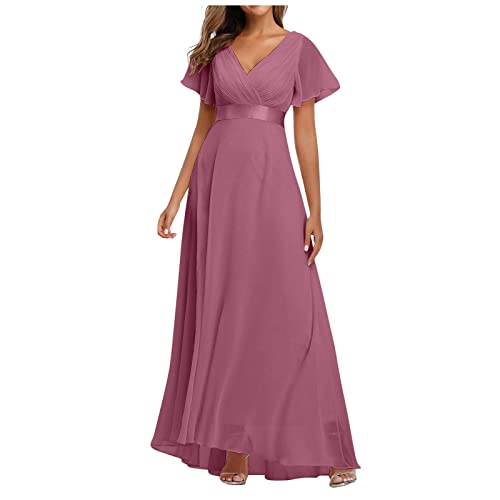 Hochzeitskleider für Damen, Sommer, Damen, Maxikleid, V-Ausschnitt, Chiffon, Brautjungfernkleider, Capsleeves, A-Linie, Swing-Kleid, solide Abendkleider, elegante Partykleider, 1. Violett, Medium von TURWXGSO