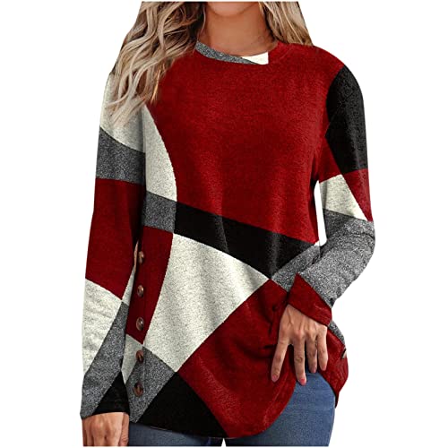 Longshirt Damen Große Größe Rundhals Geometrische Patchwork Muster Langarmshirt Verzierte Knopf Locker Pullover Herbst Winter Frühling Leichte T-Shirt Bluse S-5XL (EU Größe 34-48) von TURWXGSO