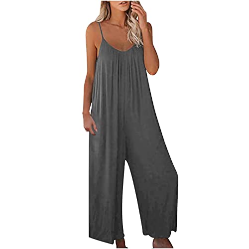 Damen Jumpsuit Sommer Loose Fit Jumpsuit Ärmellos Overall Lang Weites Bein Freizeithose mit Taschen Strampler Lange Playsuit Hose Lässig Hosenanzug Einfarbig/Bedruckter Overall für Frauen von TURWXGSO