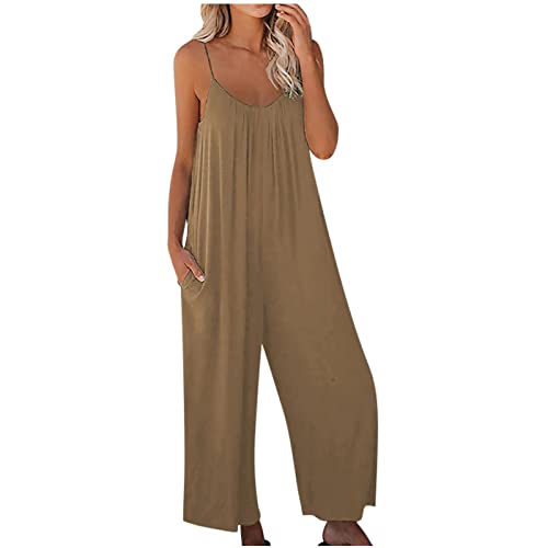 TURWXGSO Damen Jumpsuit Sommer Loose Fit Jumpsuit Ärmellos Overall Lang Weites Bein Freizeithose mit Taschen Strampler Lange Playsuit Hose Lässig Hosenanzug Einfarbig/Bedruckter Overall für Frauen von TURWXGSO